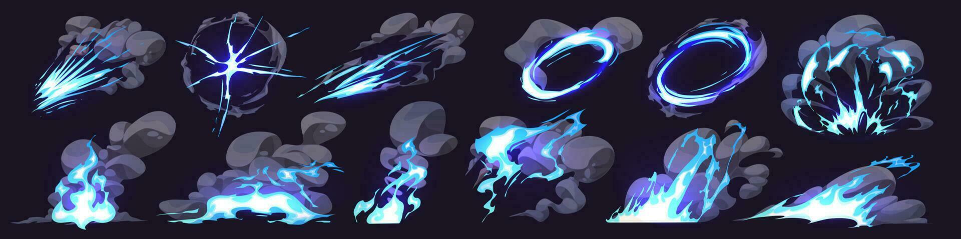Cartoon set of smoke clouds, neon blue lightning vector