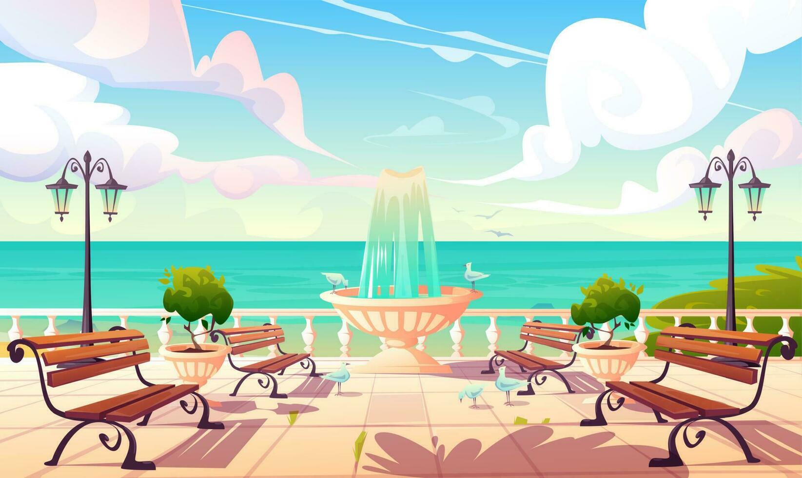 Summer seafront with fountain and benches vector