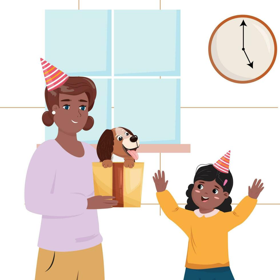 Black mother giving her daughter a cute puppy as a gift for birthday. vector