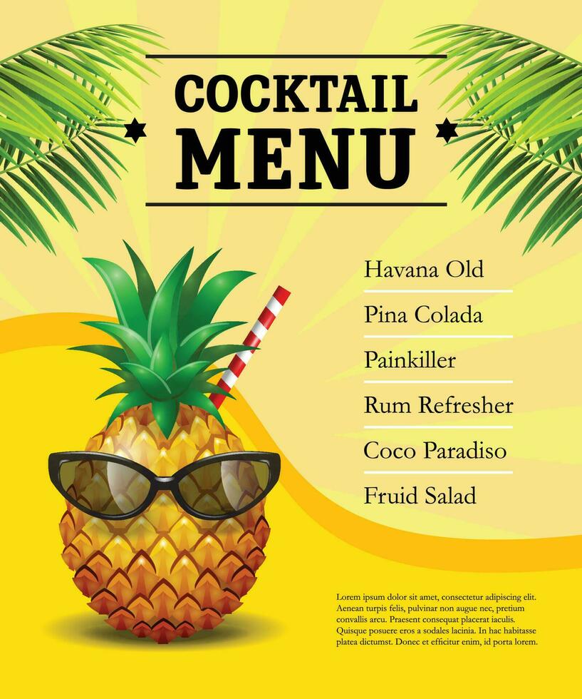 Cocktail menu poster Pineapple in sunglasses and drinking straw vector