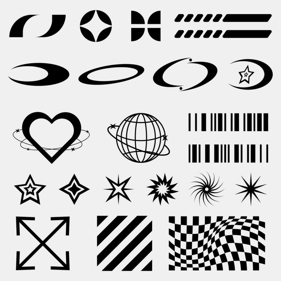 Retro futuristic elements for design , Y2K and street wear graphic elements for posters and streetwear fashion design vector set