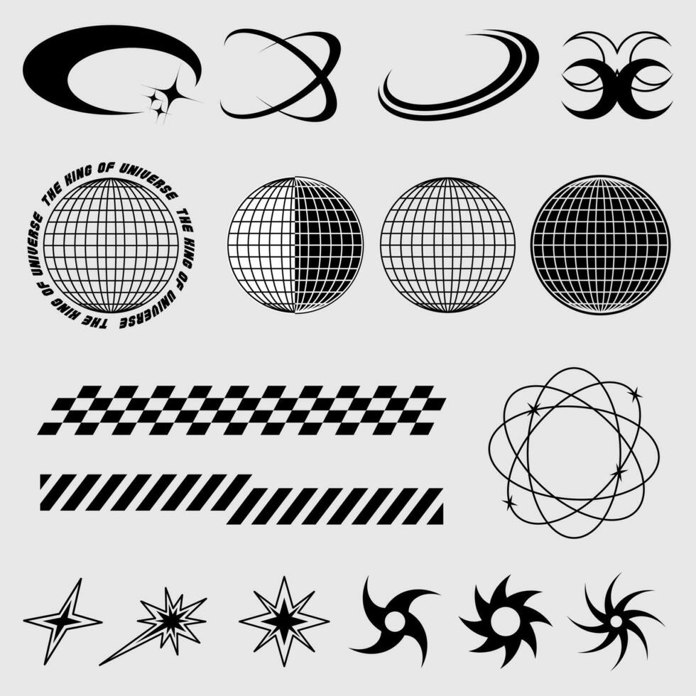 Streetwear and y2k retro elements. Abstract shapes and symbols for futuristic design, globe elements for posters and streetwear fashion design vector set,