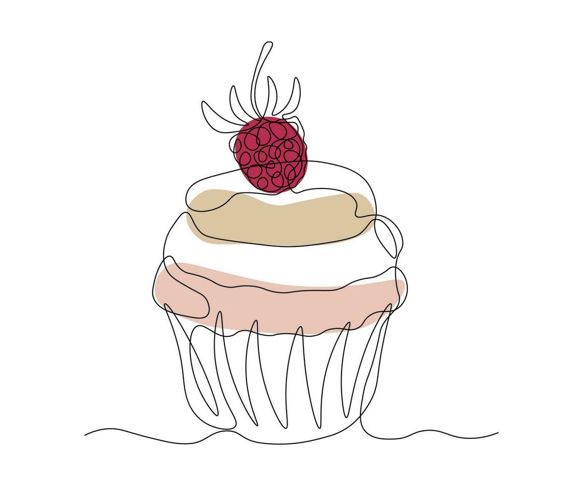 birthday cake, cupcake cake with berry  Continuous One Line Drawing vector