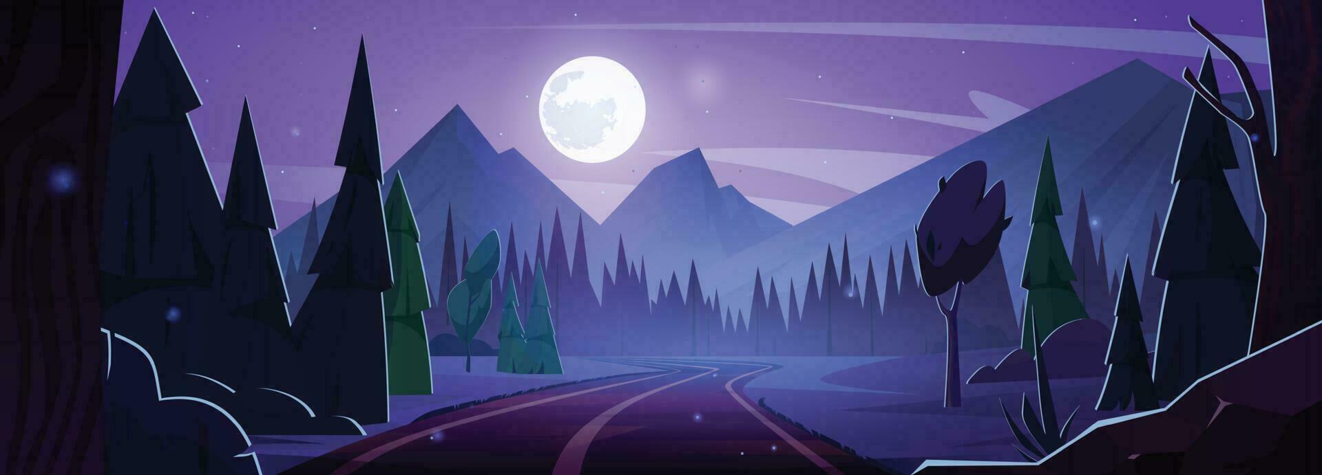 noche la carretera en bosque, lleno Luna vector paisaje