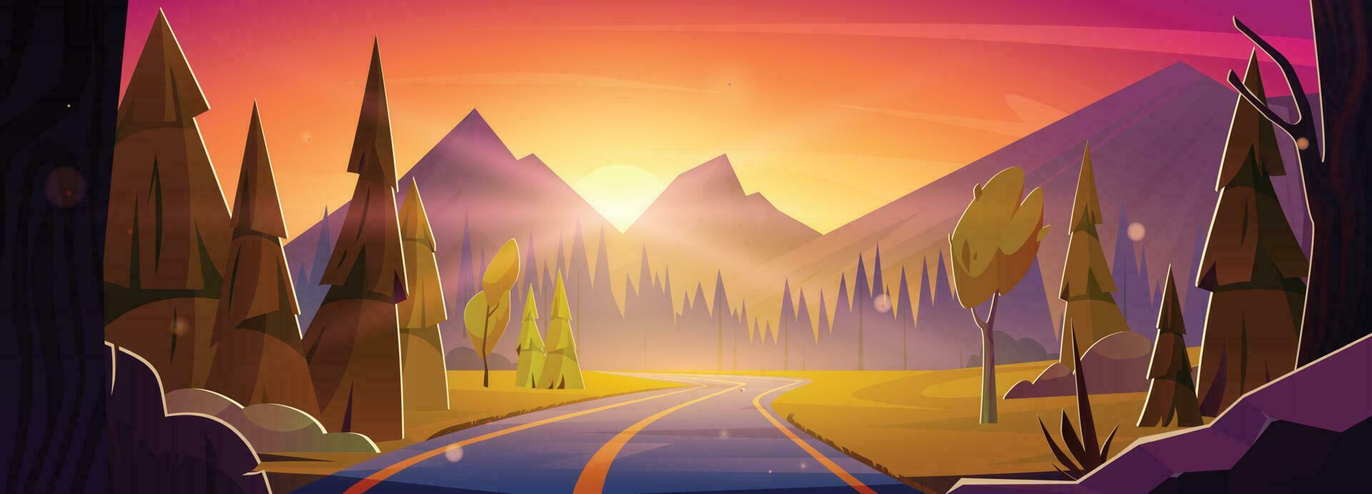 dibujos animados montaña puesta de sol ver desde autopista vector