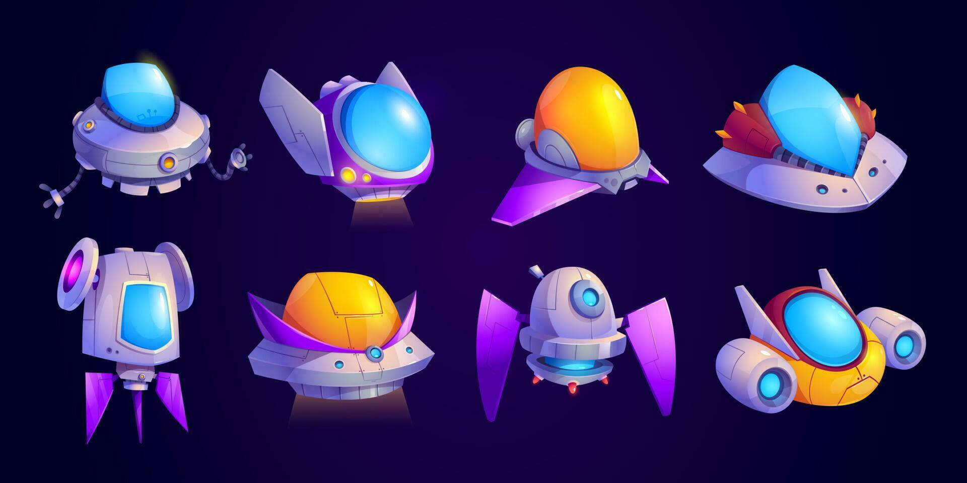 Alien space ship cartoon game vector icon set