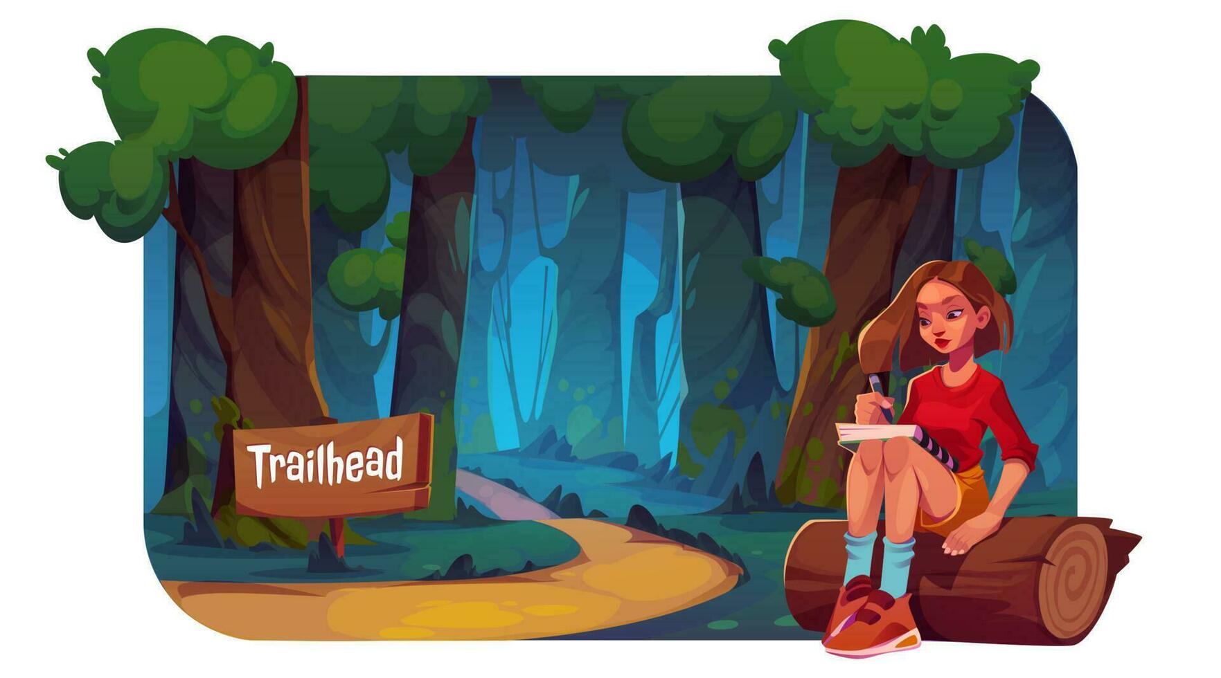 Forest landscape with path and girl sitting on log vector