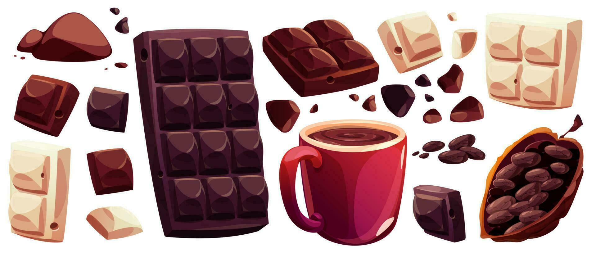 Cartoon set of chocolate bar, cacao beverage vector