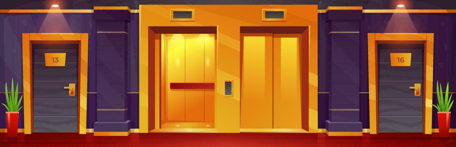 dibujos animados lujo hotel piso con dorado ascensores vector