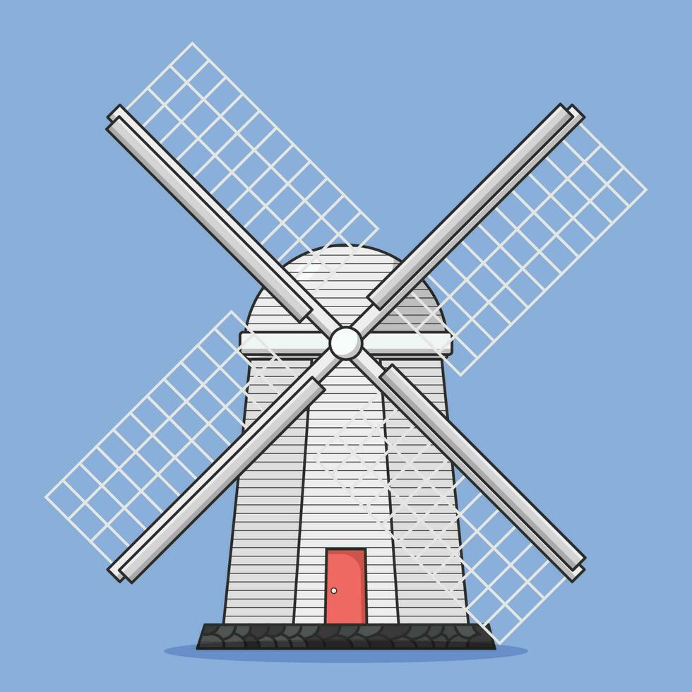 Windmill Vector Icon Illustration with Outline for Design Element, Clip Art, Web, Landing page, Sticker, Banner. Flat Cartoon Style