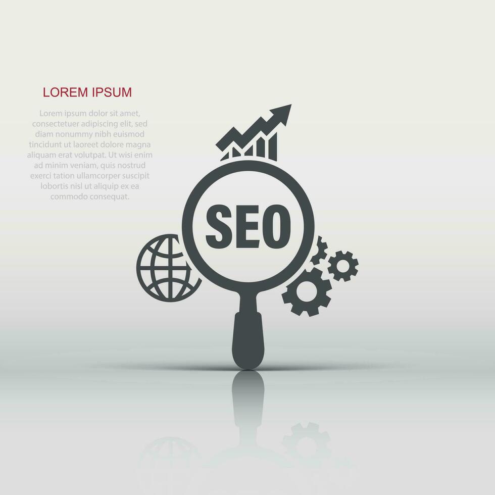 Seo analytics icon in flat style. Social media vector illustration on white isolated background. Search analysis business concept.