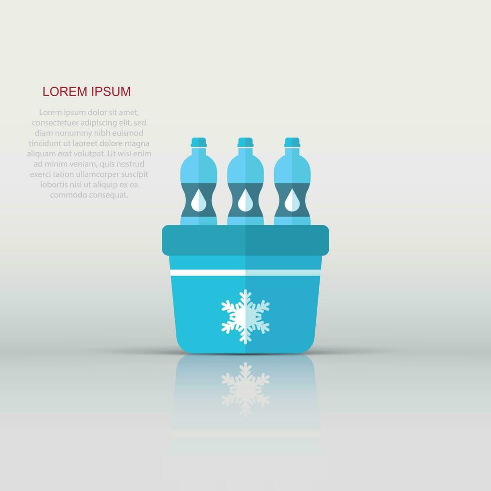 portátil refrigerador refrigerador con agua botella icono en plano estilo. congelador bolso envase vector ilustración en blanco aislado antecedentes. refrigerador y soda bebida negocio concepto.