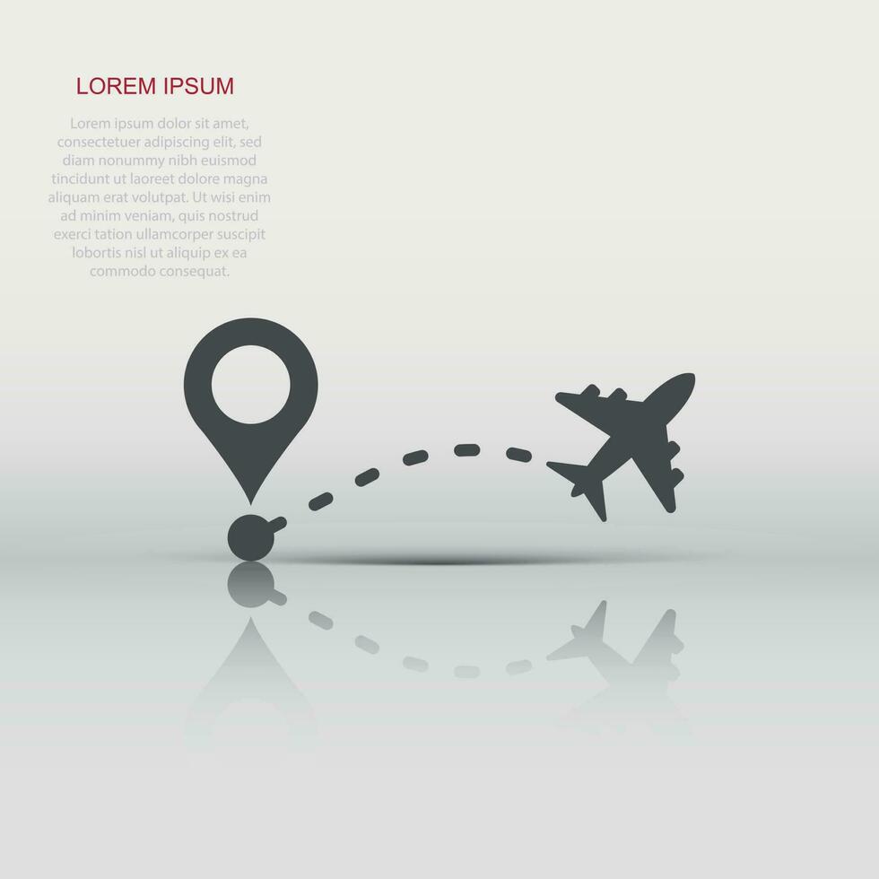 Airplane flight route icon in flat style. Travel line path vector illustration on white isolated background. Dash line trace business concept.