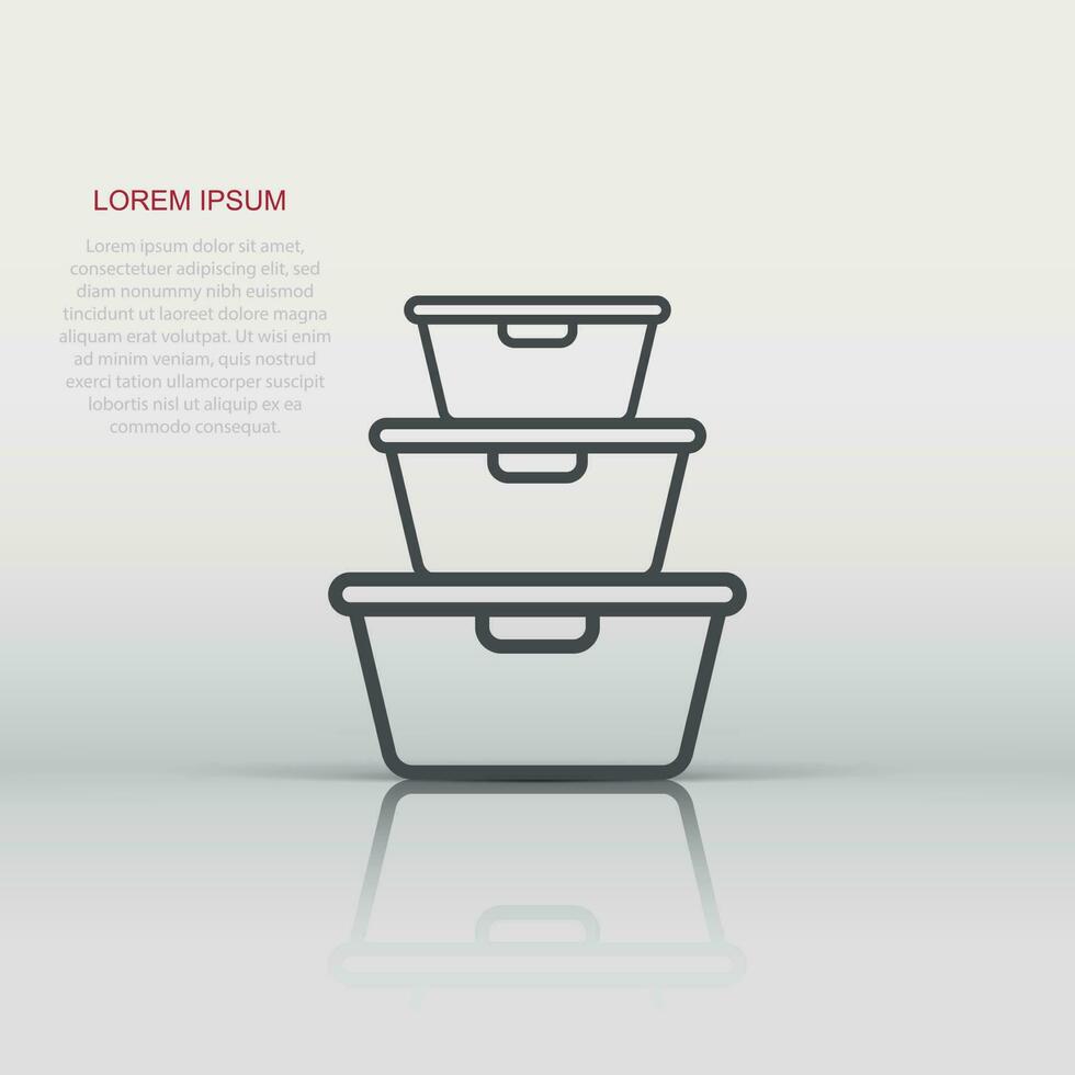 Food container icon in flat style. Kitchen bowl vector illustration on white background. Plastic container box business concept.