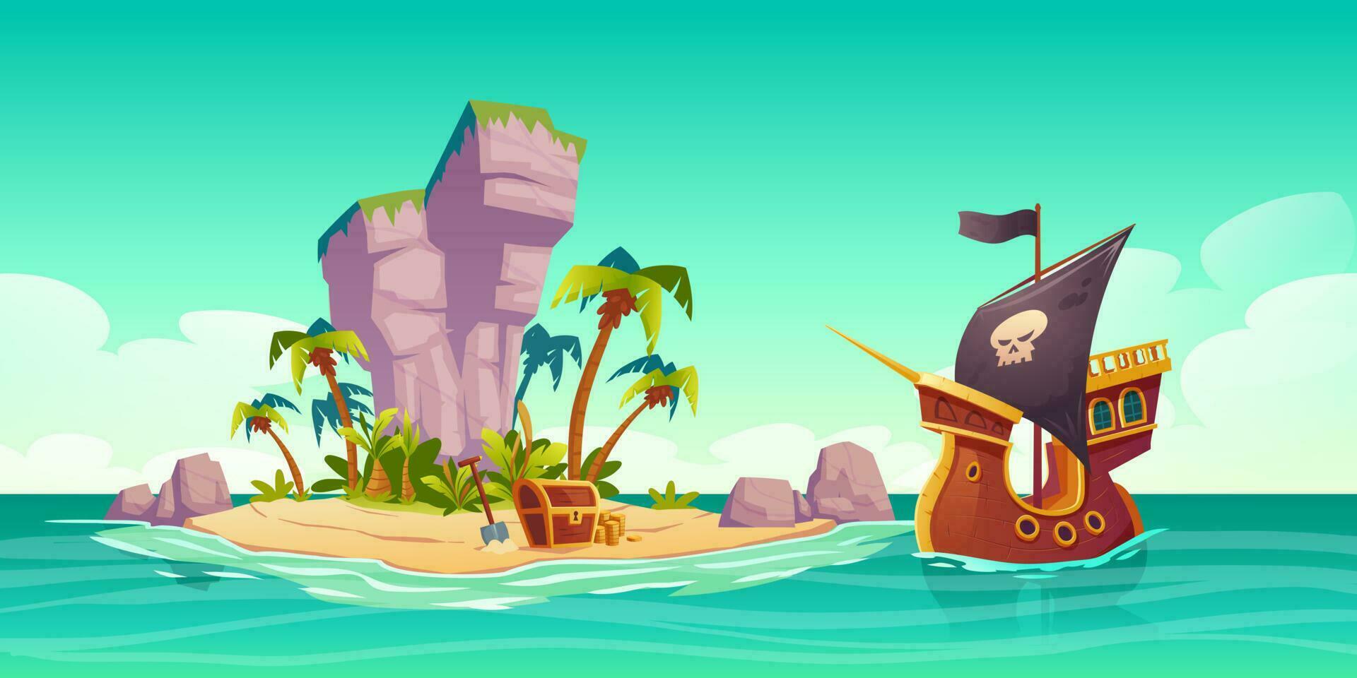 Tropical island, treasure chest and pirate ship vector