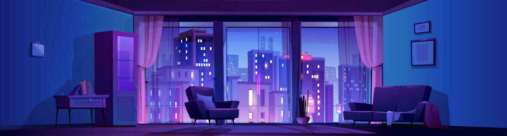 Night living room interior with panoramic window vector