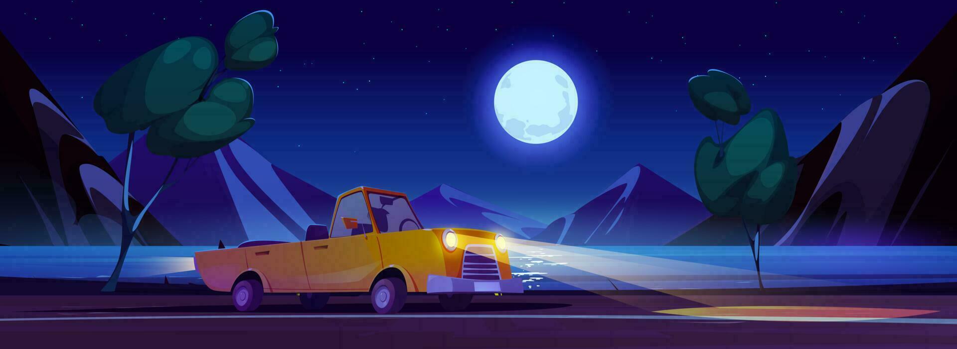 Cabriolet on night road near sea in summer trip vector