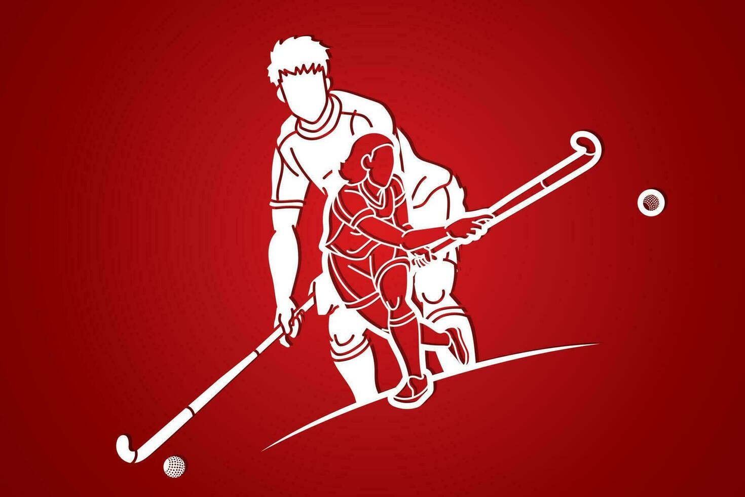 grupo de campo hockey deporte hombre y mujer jugadores acción dibujos animados gráfico vector