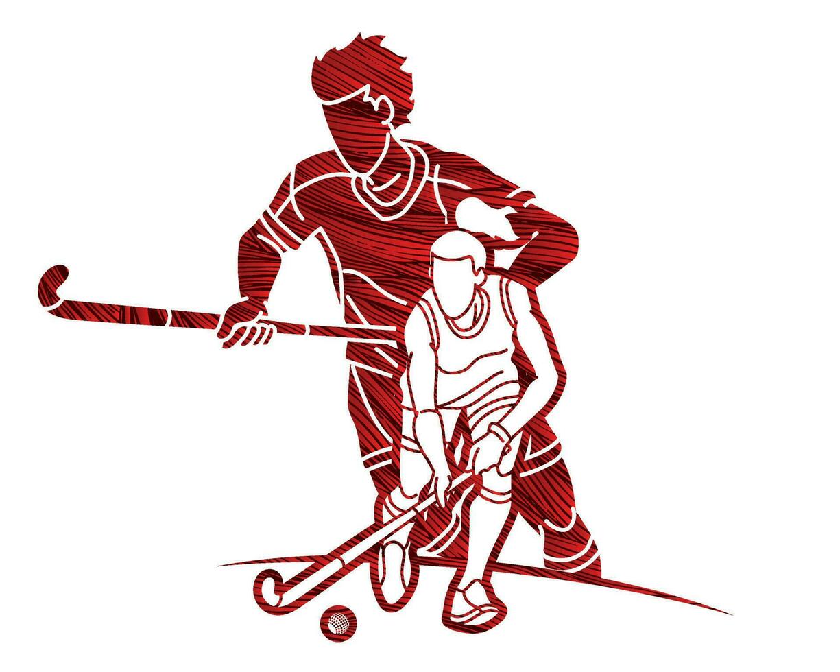 Field Hockey Sport Mix Players Action Cartoon Graphic Vector