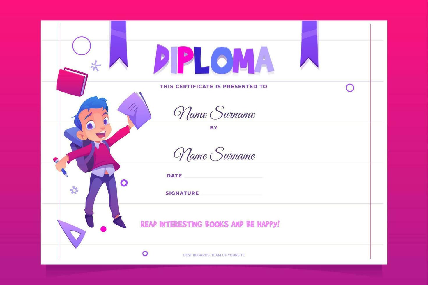 Kids school diploma happy child with book vector