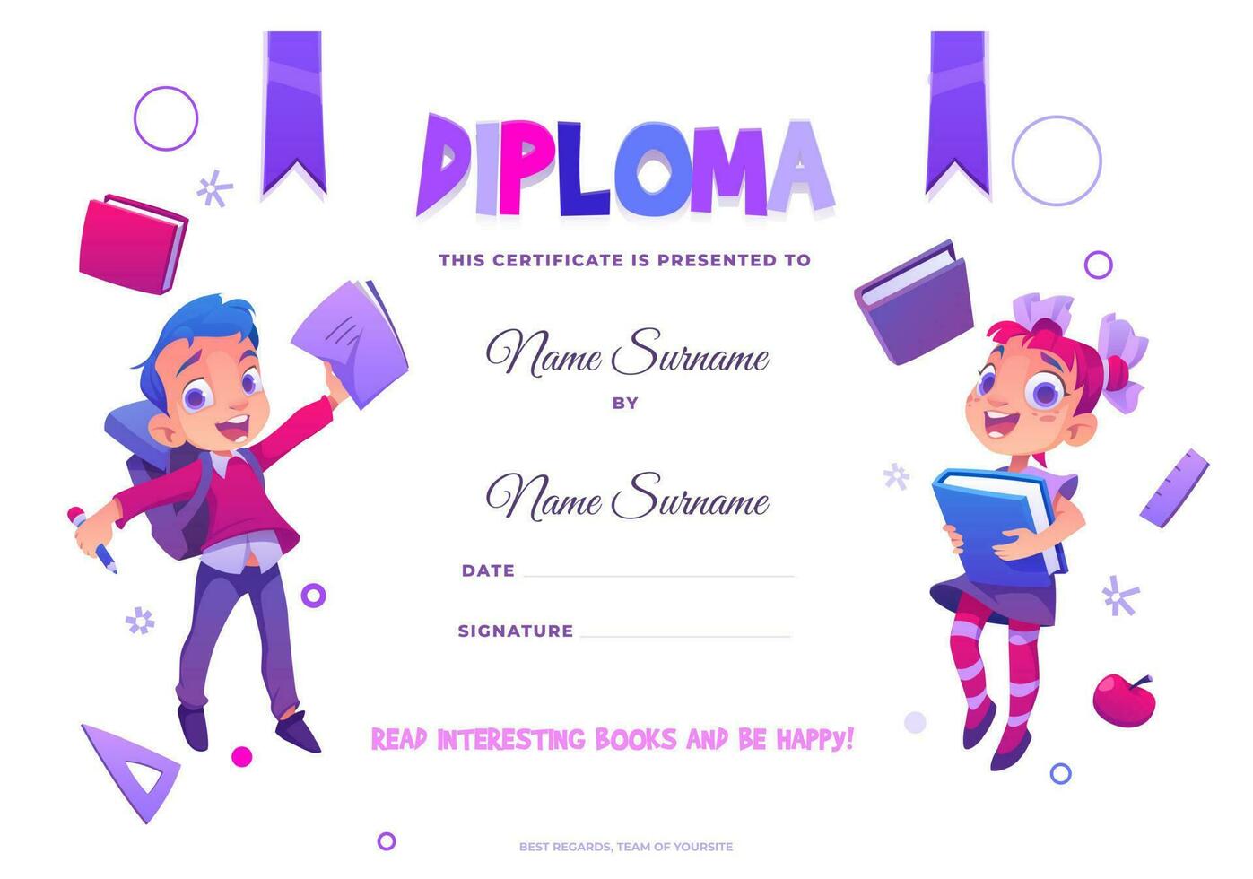 Kids school diploma happy children with books vector