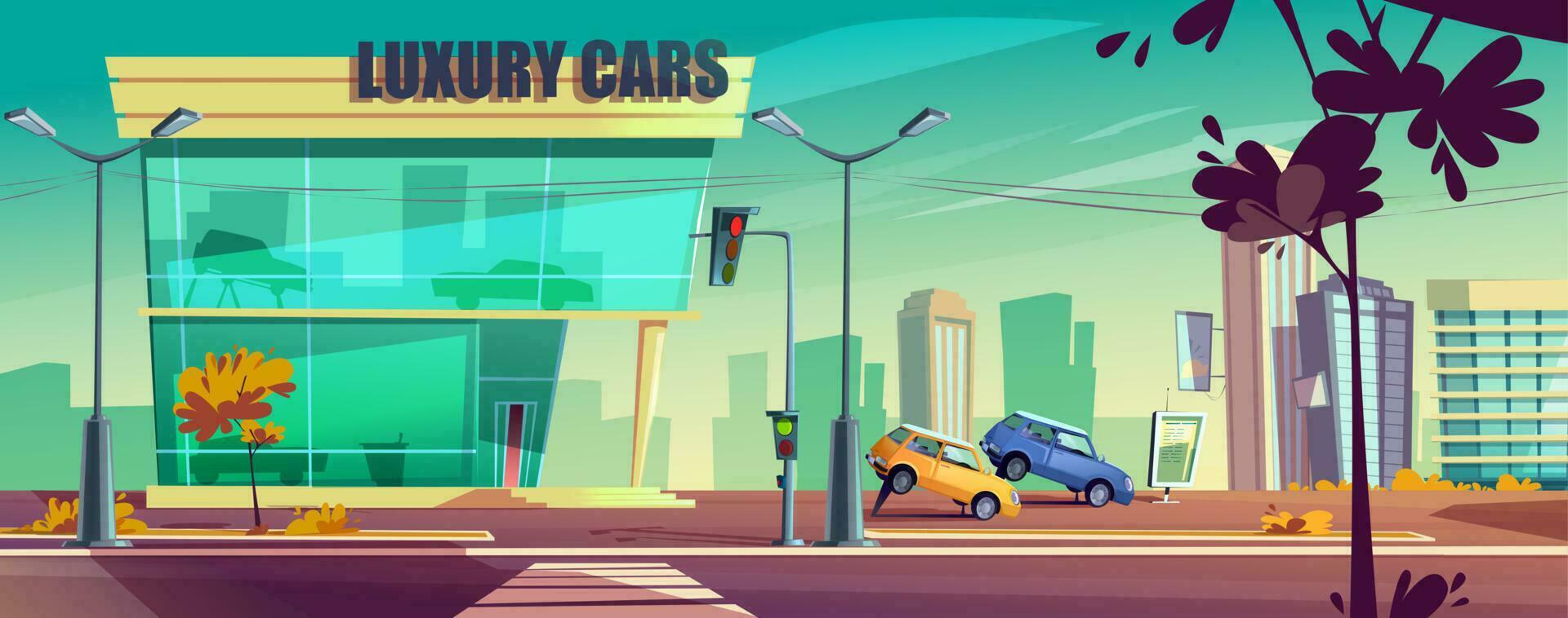 Car showroom with automobiles on stand in city vector