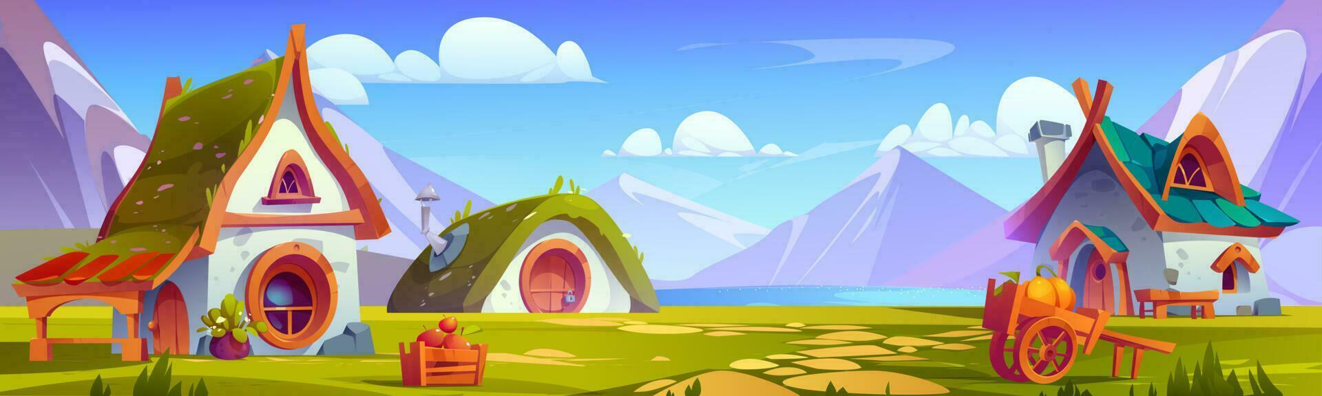 Sunny village scene with cute fantasy dwarf house vector