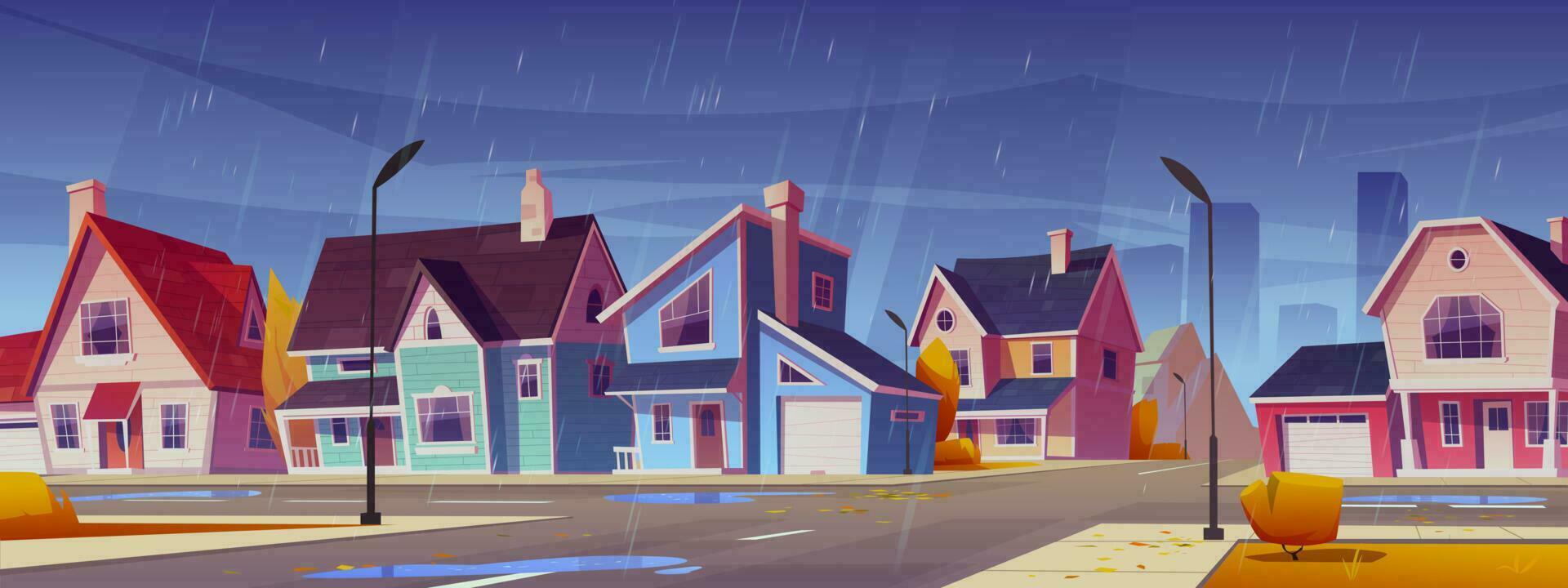 pueblo suburbano barrio con casas en lluvia vector