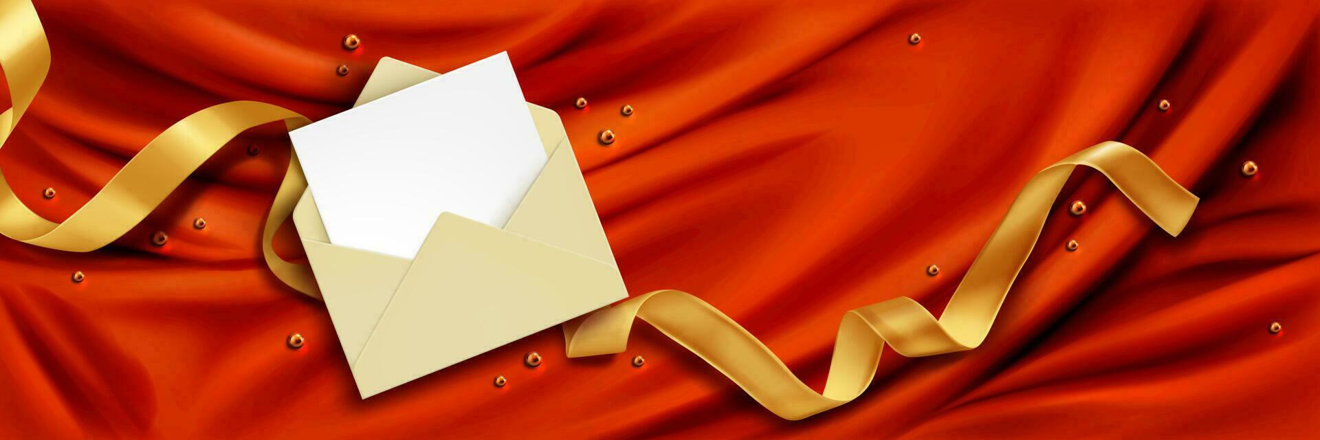 Mail with card or letter, gold ribbon, red silk vector
