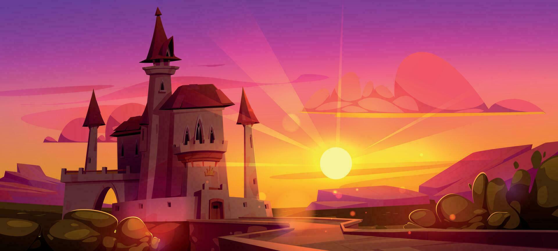 Medieval Europe tower castle with bridge on sunset vector
