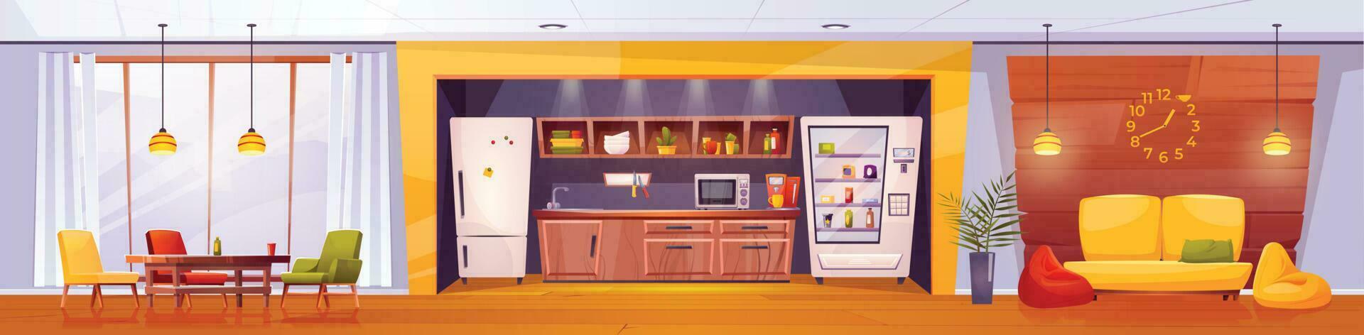 Break room with kitchen in office, lunch at work vector