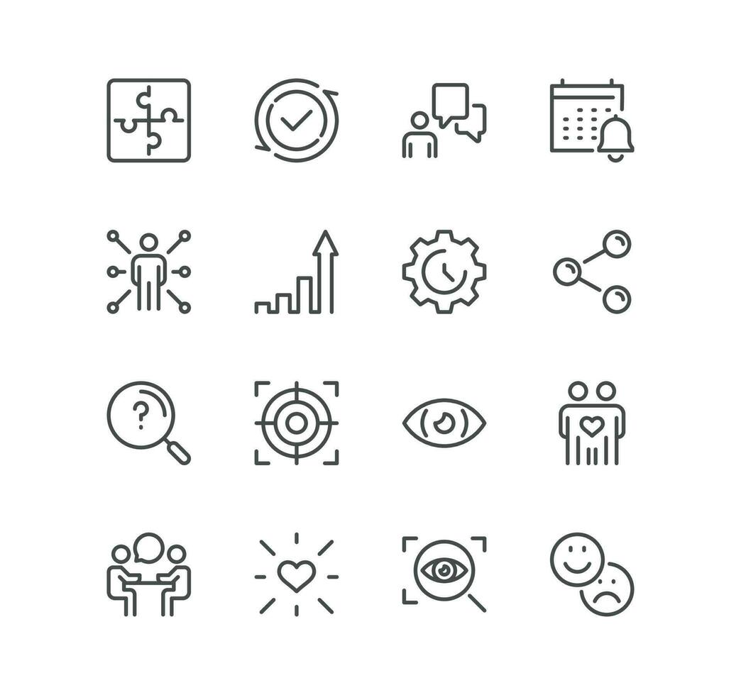 Set of core values related icons, diversity, exceptional, innovative, accountability, empathy, performance, process, progress, external business oriented values and linear variety vectors. vector