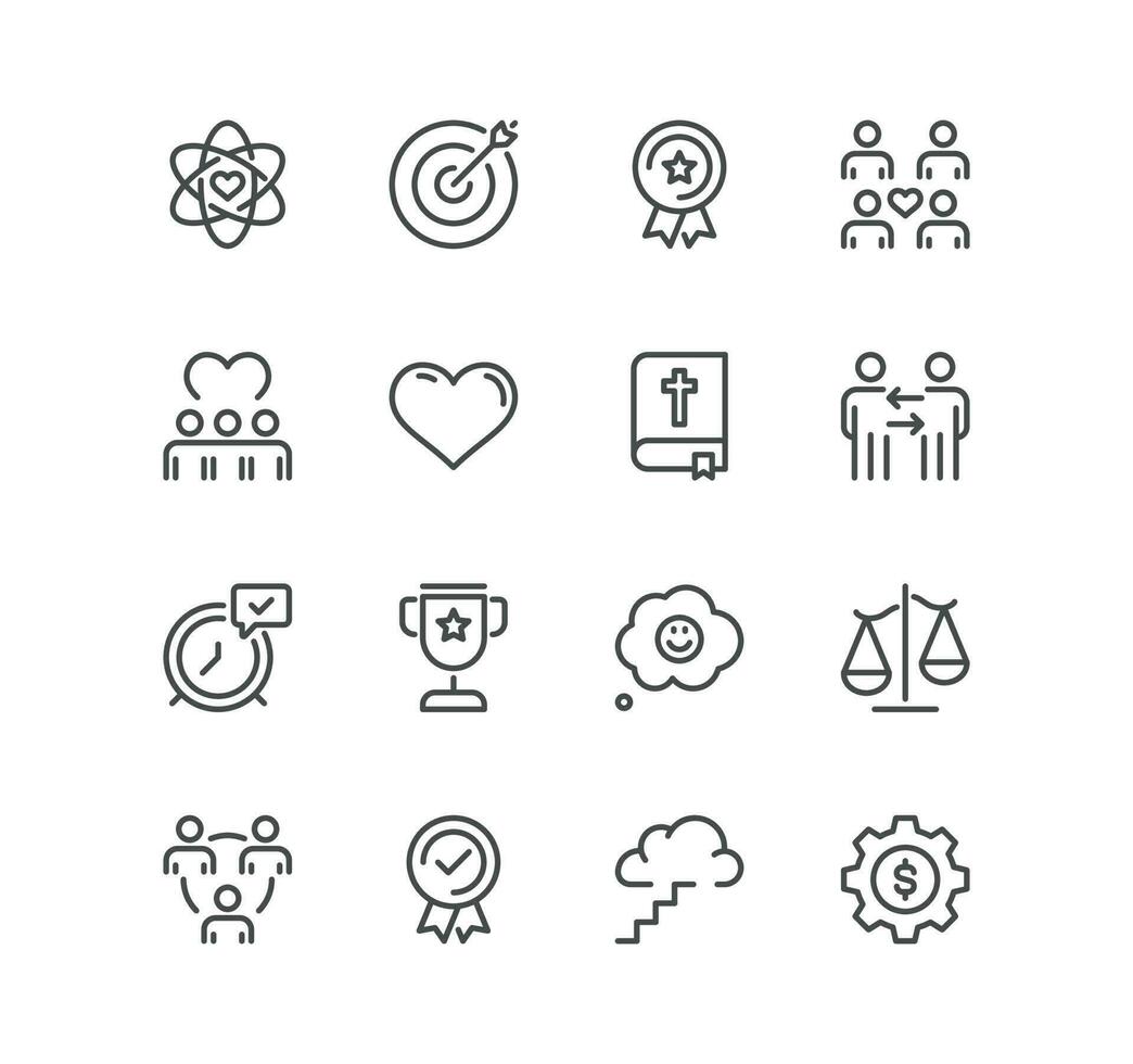 Set of core values related icons, diversity, exceptional, innovative, accountability, empathy, performance, process, progress, external business oriented values and linear variety vectors. vector