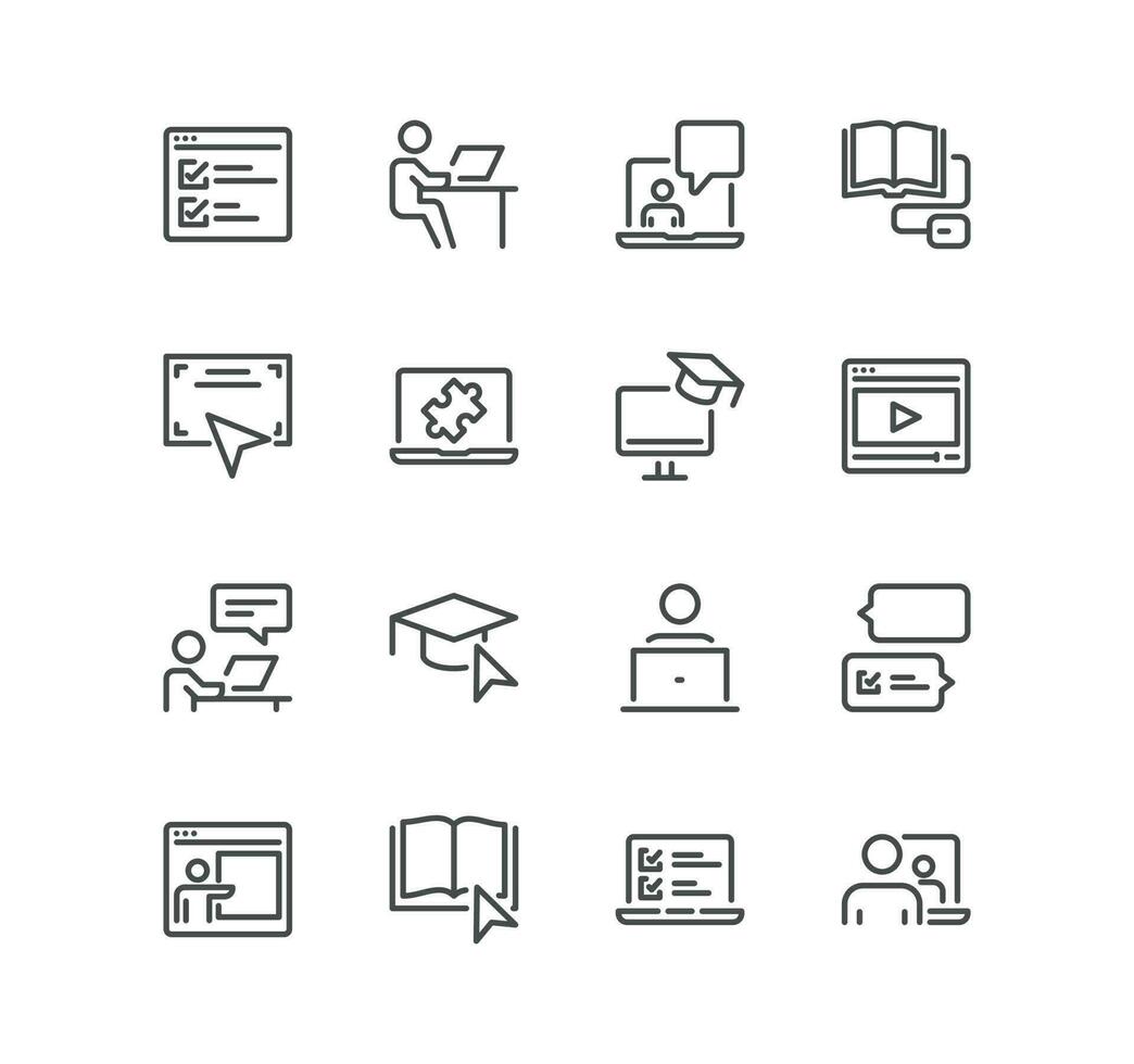 Set of online education related icons, education plan, video tutorial, webinar, learning, graduation and linear variety vectors. vector