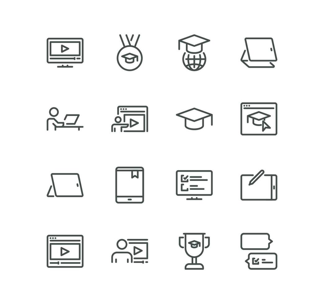 Set of online education related icons, education plan, video tutorial, webinar, learning, graduation and linear variety vectors. vector