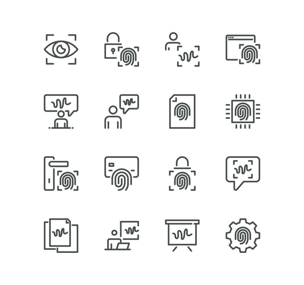 Set of biometric related icons, voice recognition, fingerprint, door lock, key and linear variety vectors. vector