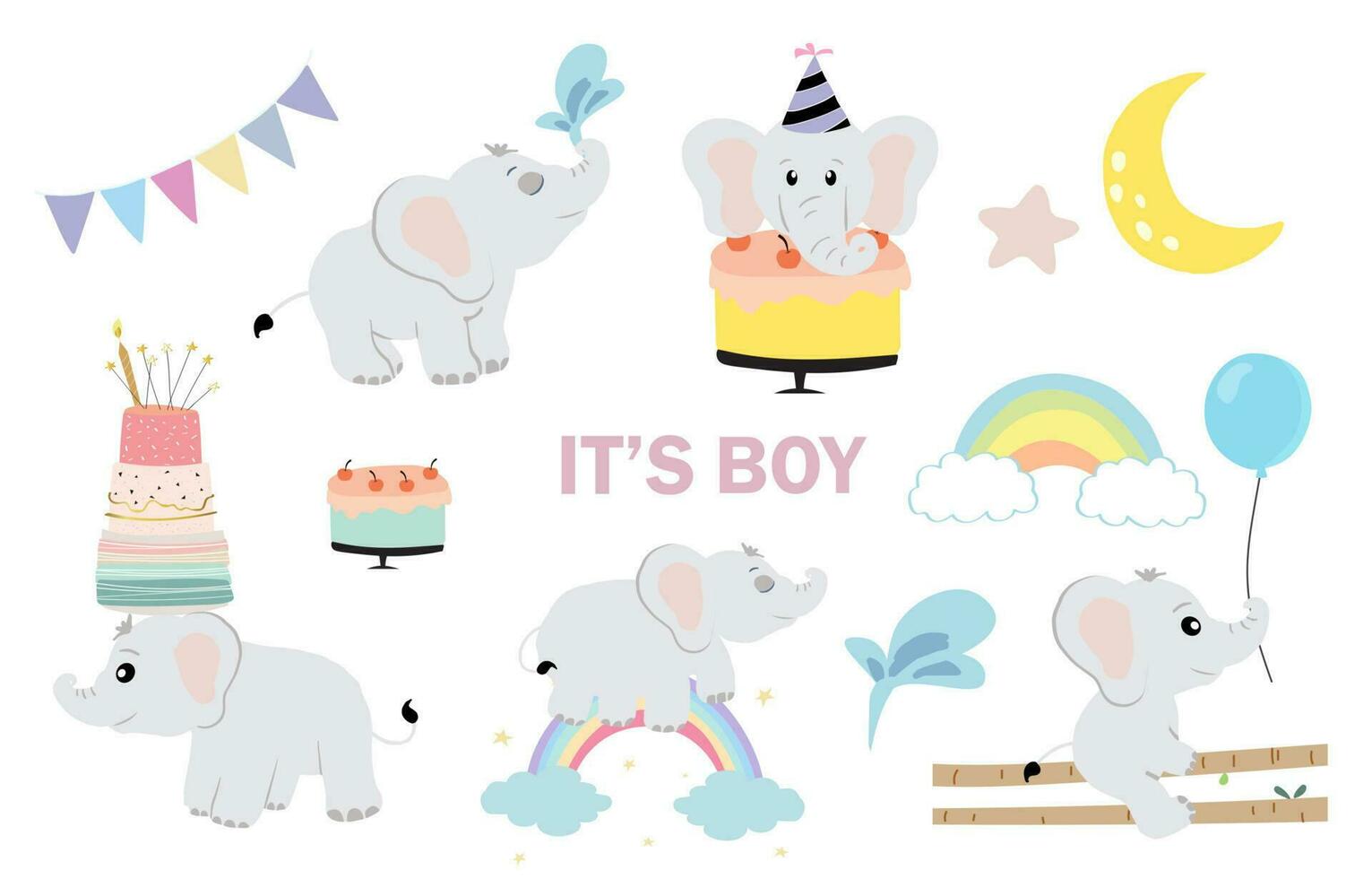 Baby elephant object with balloon, rainbow, moon for birthday postcard vector