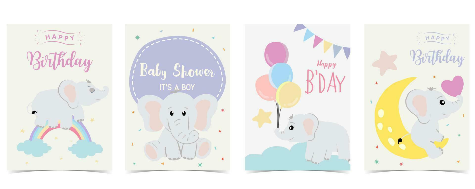 Baby elephant design with cloud, rainbow, moon for birthday postcard vector