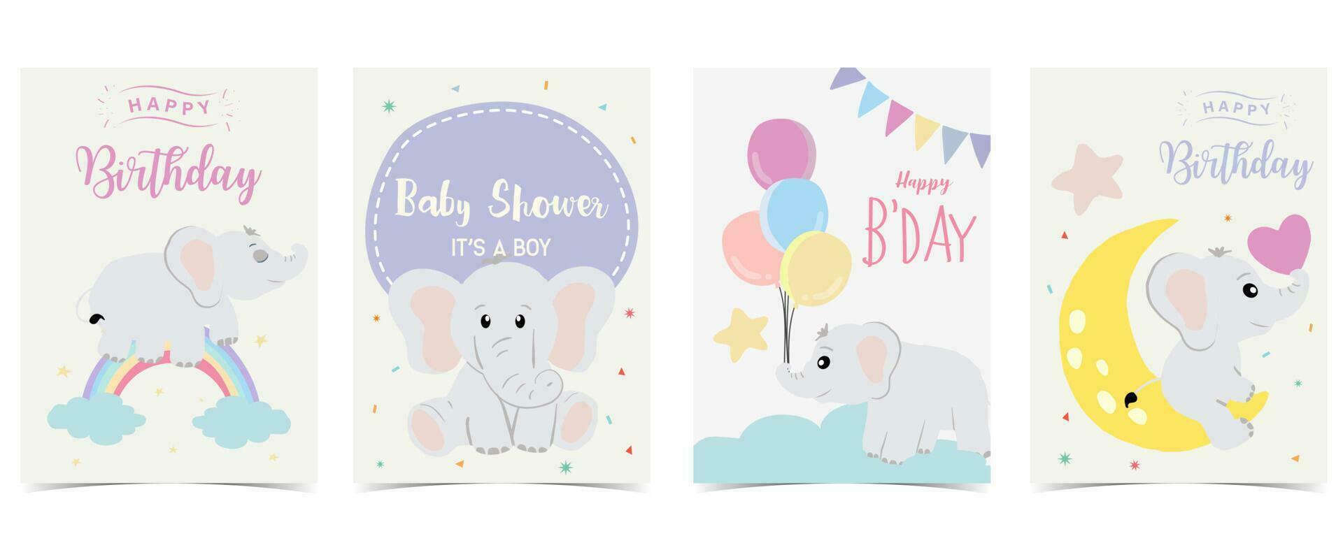 bebé elefante diseño con nube, arcoíris, Luna para cumpleaños tarjeta postal vector