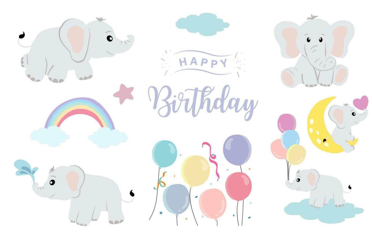 Baby elephant object with balloon, rainbow, moon for birthday postcard vector