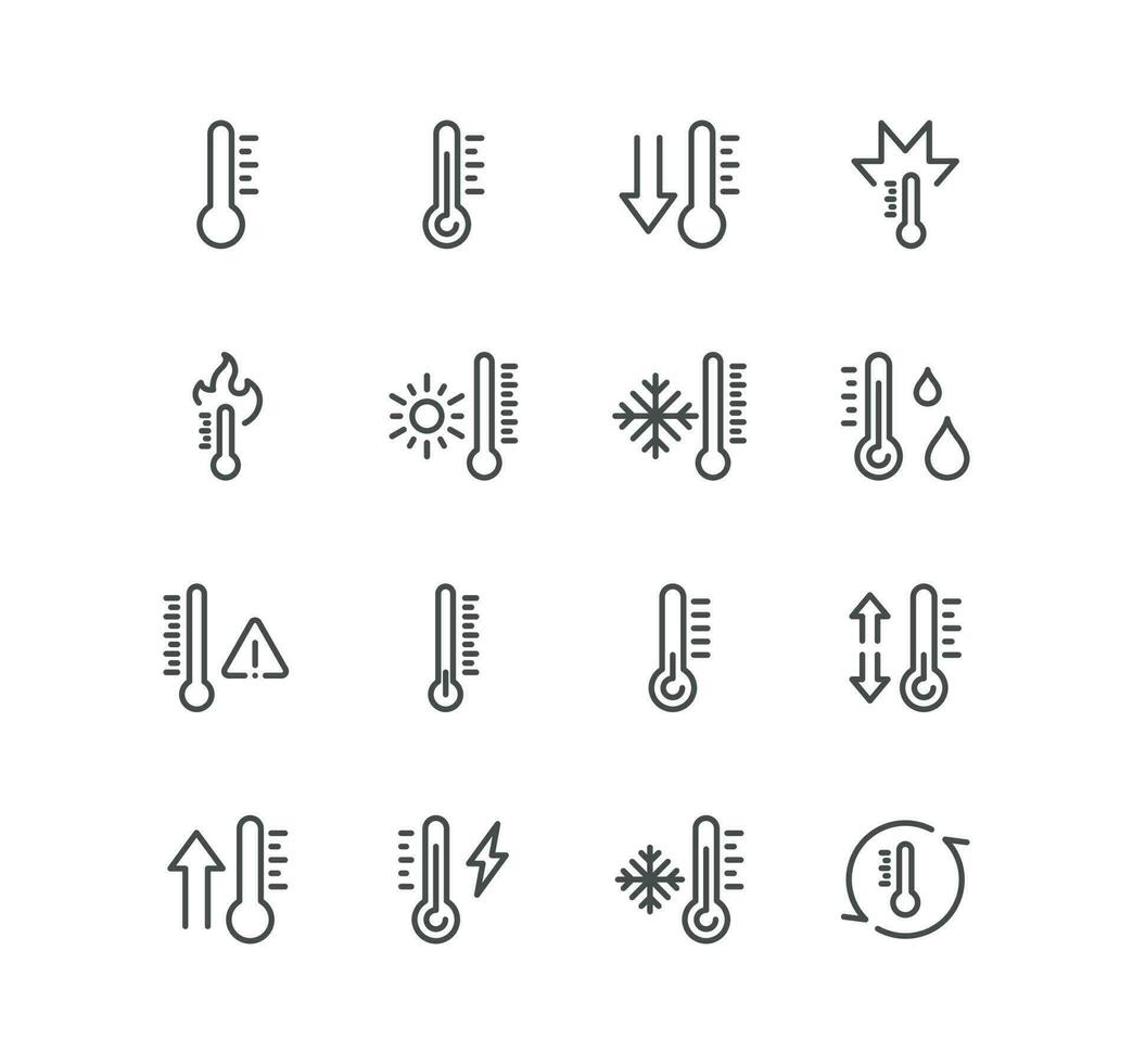 Set of temperature related icons, thermometer, pyrometer, thermostat