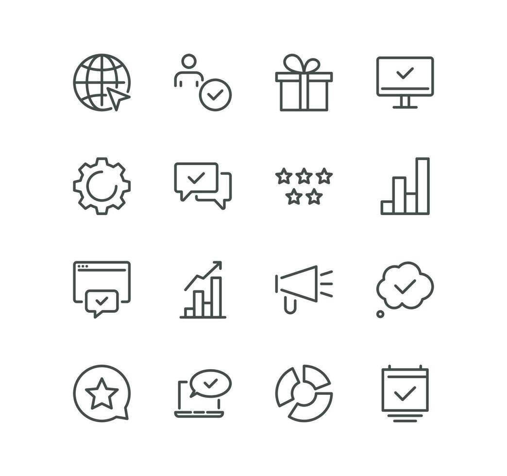 Set of seo and promotion related icons, data, market, analysis, feedback, optimization, target, website stats and linear variety vectors. vector
