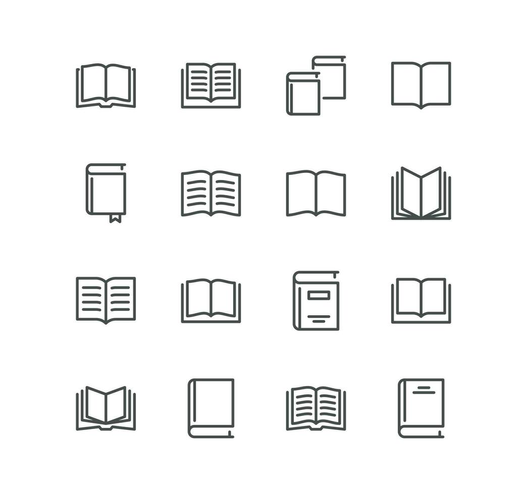 Set of book related icons, organizer, learning, reader, diary, library, textbook, pages, education and linear variety vectors. vector