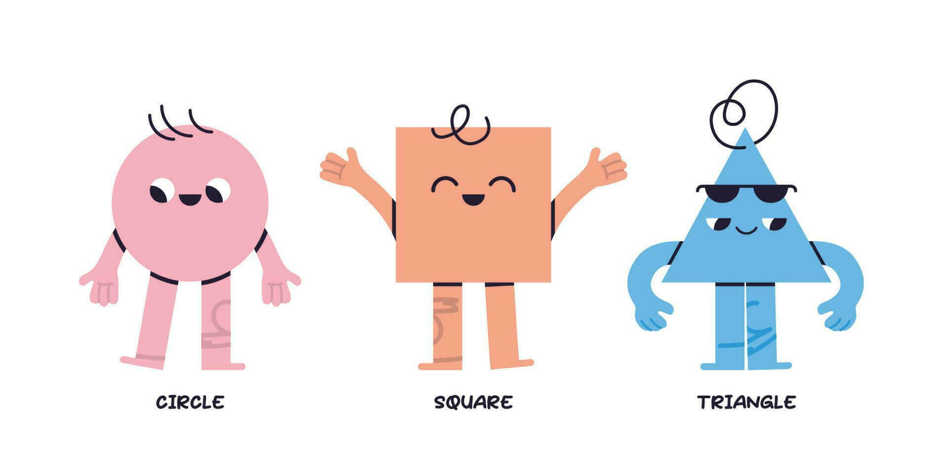 Geometric figures with face emotions and different shapes, hand drawn trendy cute funny characters various bright basic flat vector illustration.