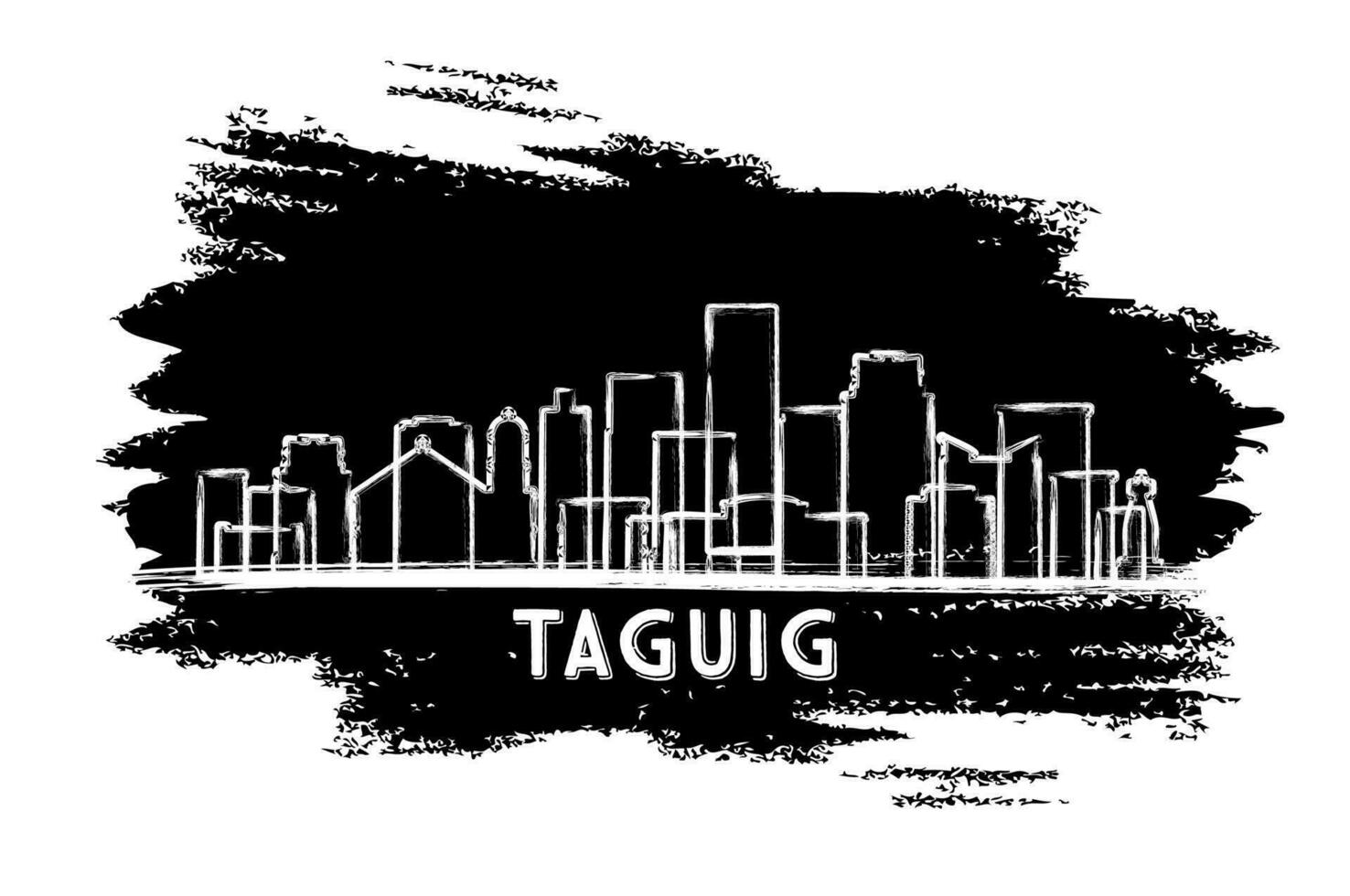 Taguig Filipinas ciudad horizonte silueta. mano dibujado bosquejo. Taguig paisaje urbano con puntos de referencia vector