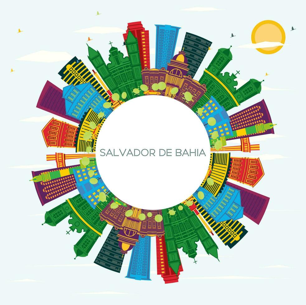 Salvador de Bahia City Skyline with Color Buildings, Blue Sky and Copy Space. Salvador de Bahia Cityscape with Landmarks. vector