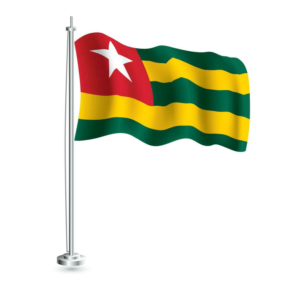 Togo Flag. Isolated Realistic Wave Flag of Togo Country on Flagpole. vector