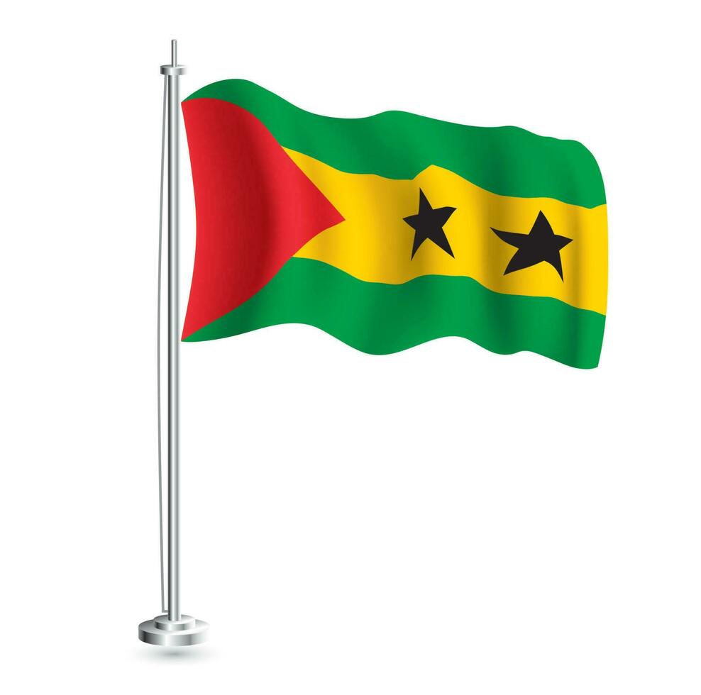 Sao Tome and Principe Flag. Isolated Realistic Wave Flag of Sao Tome and Principe Country on Flagpole. vector