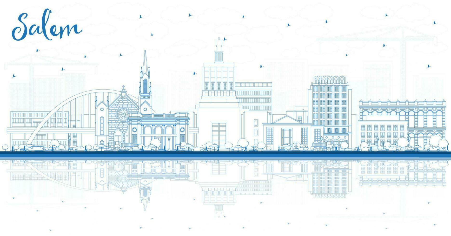 Outline Salem Oregon City Skyline with Blue Buildings and Reflections. Salem USA Cityscape with Landmarks. vector