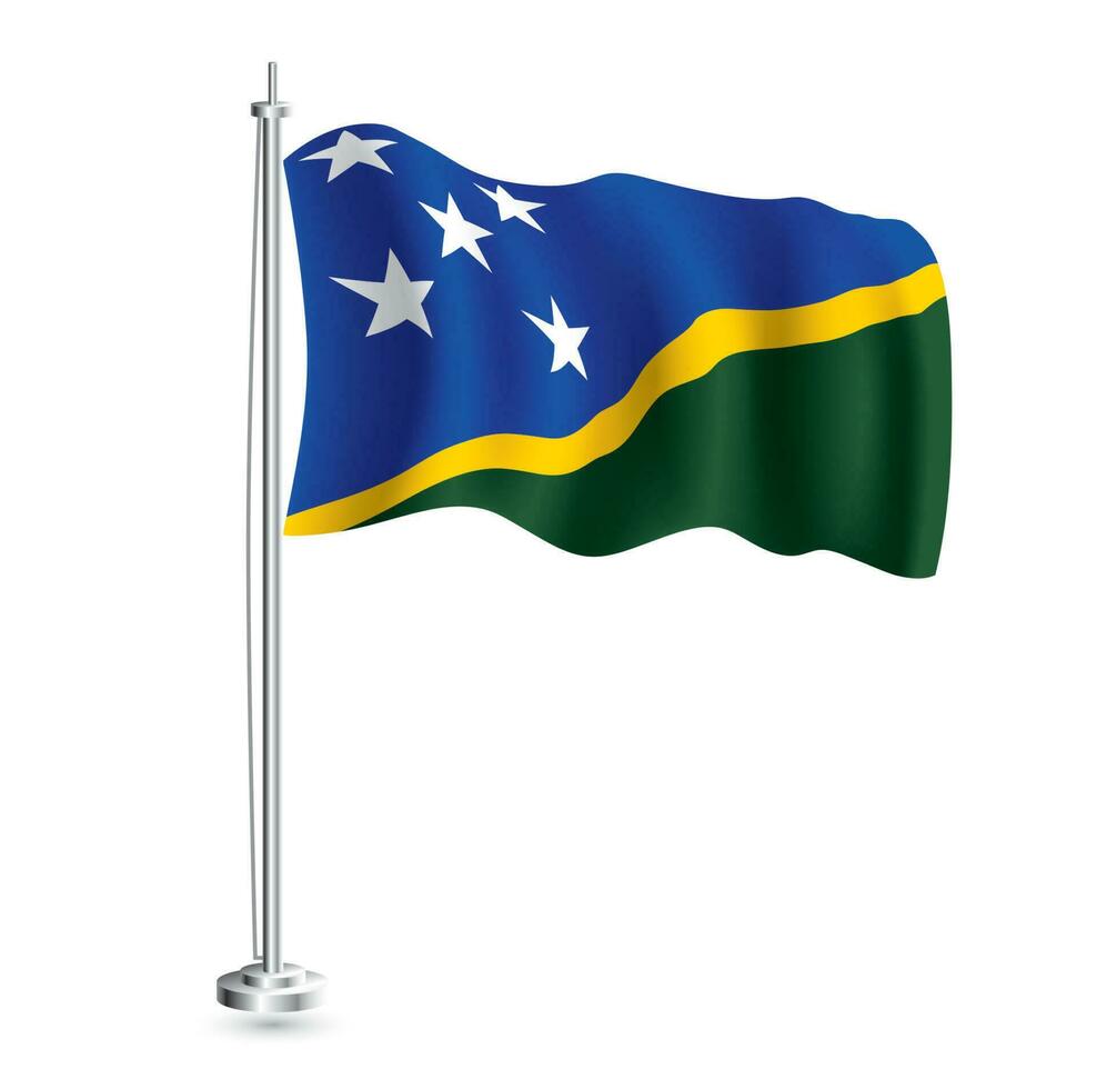 Solomon Islands Flag. Isolated Realistic Wave Flag of Solomon Islands Country on Flagpole. vector